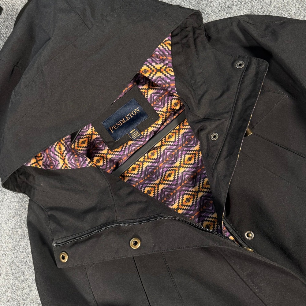Pendleton Mens Black Hooded Rain Jacket Geometric Print Lining CW412 Size Medium